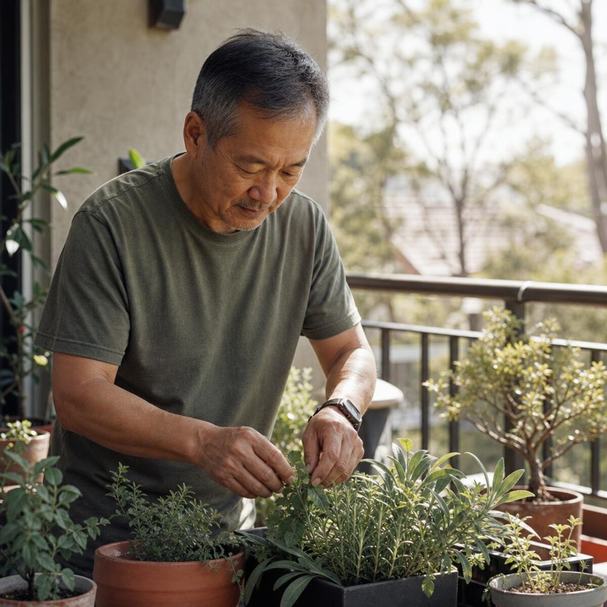 An older man tending herbs and native plants on a balcony