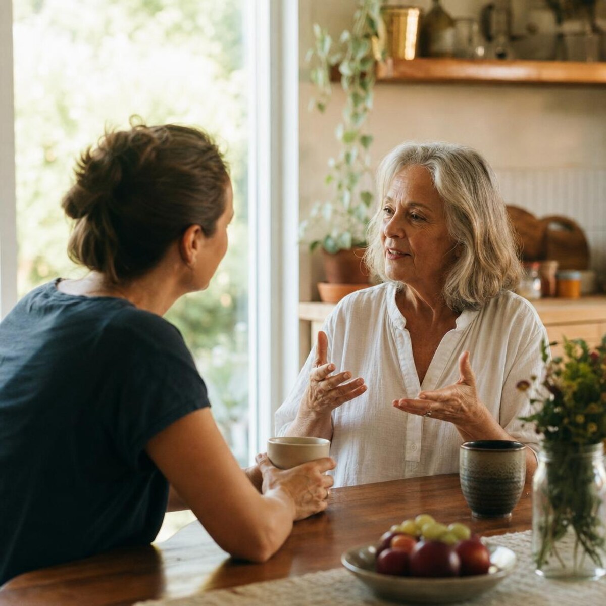 Two women sharing a thoughtful conversation at a kitchen table
