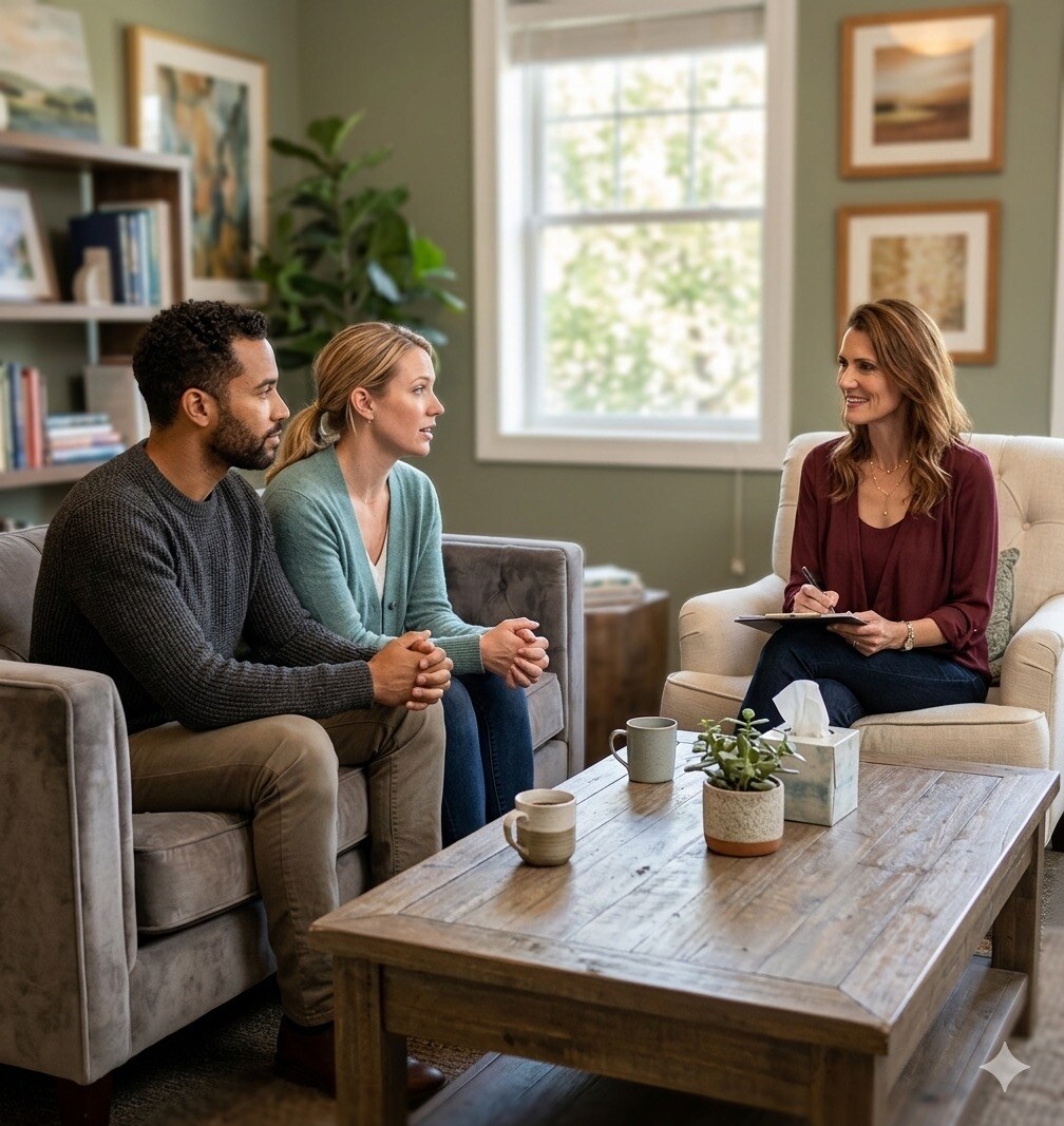 A couple sitting together in a warm room during a conversation.