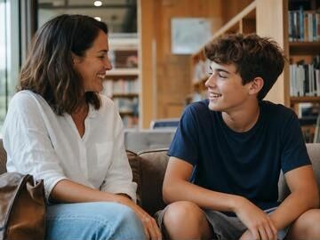 A young person speaking with a supportive adult in a calm room.