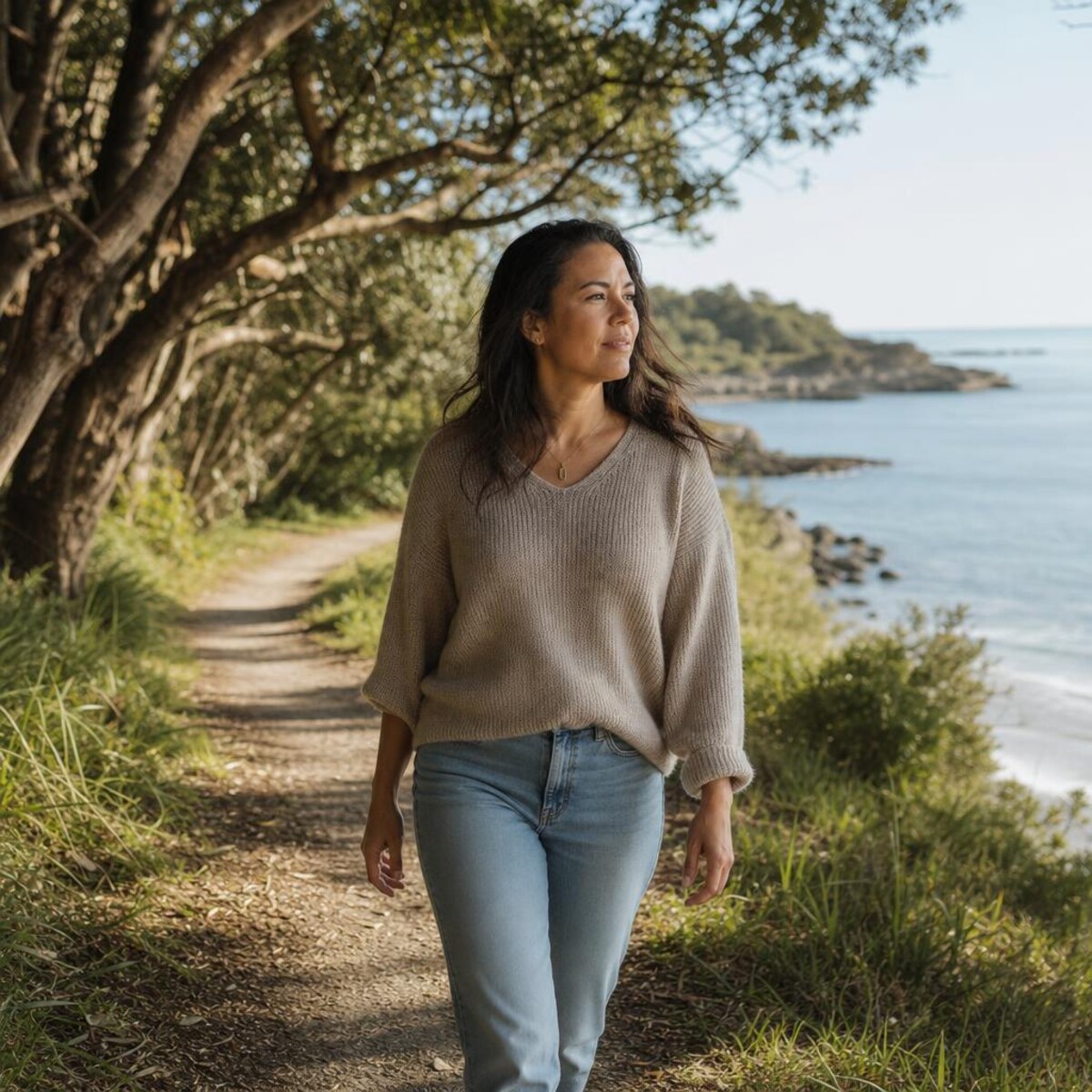 An adult woman walking beside the coast in soft afternoon light.