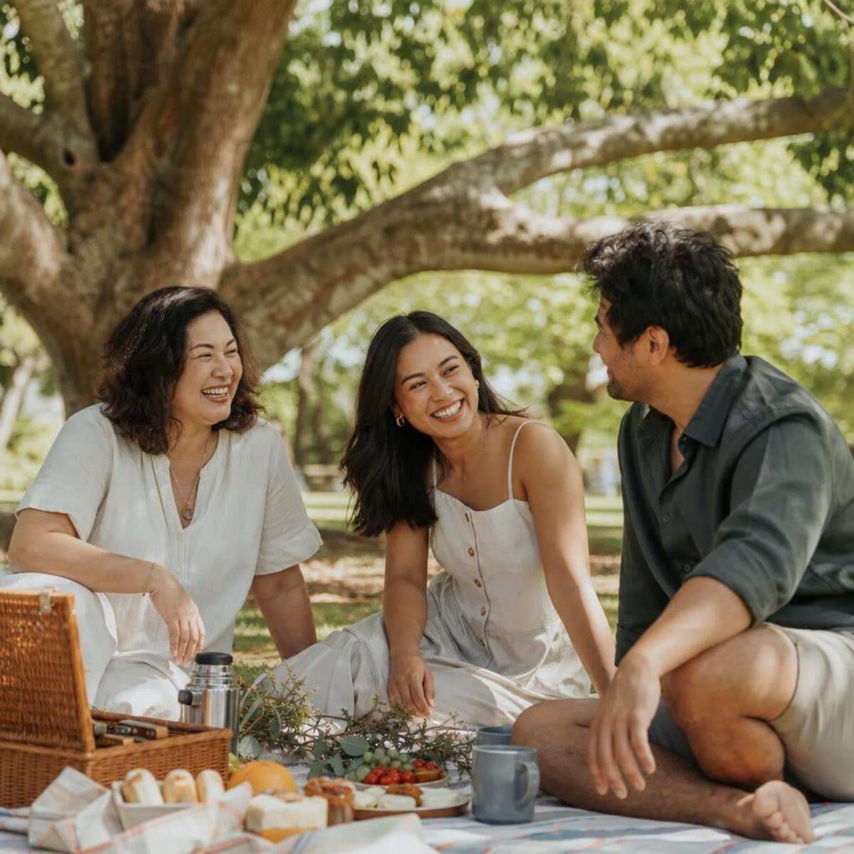 Three adults sharing a picnic beneath subtropical trees