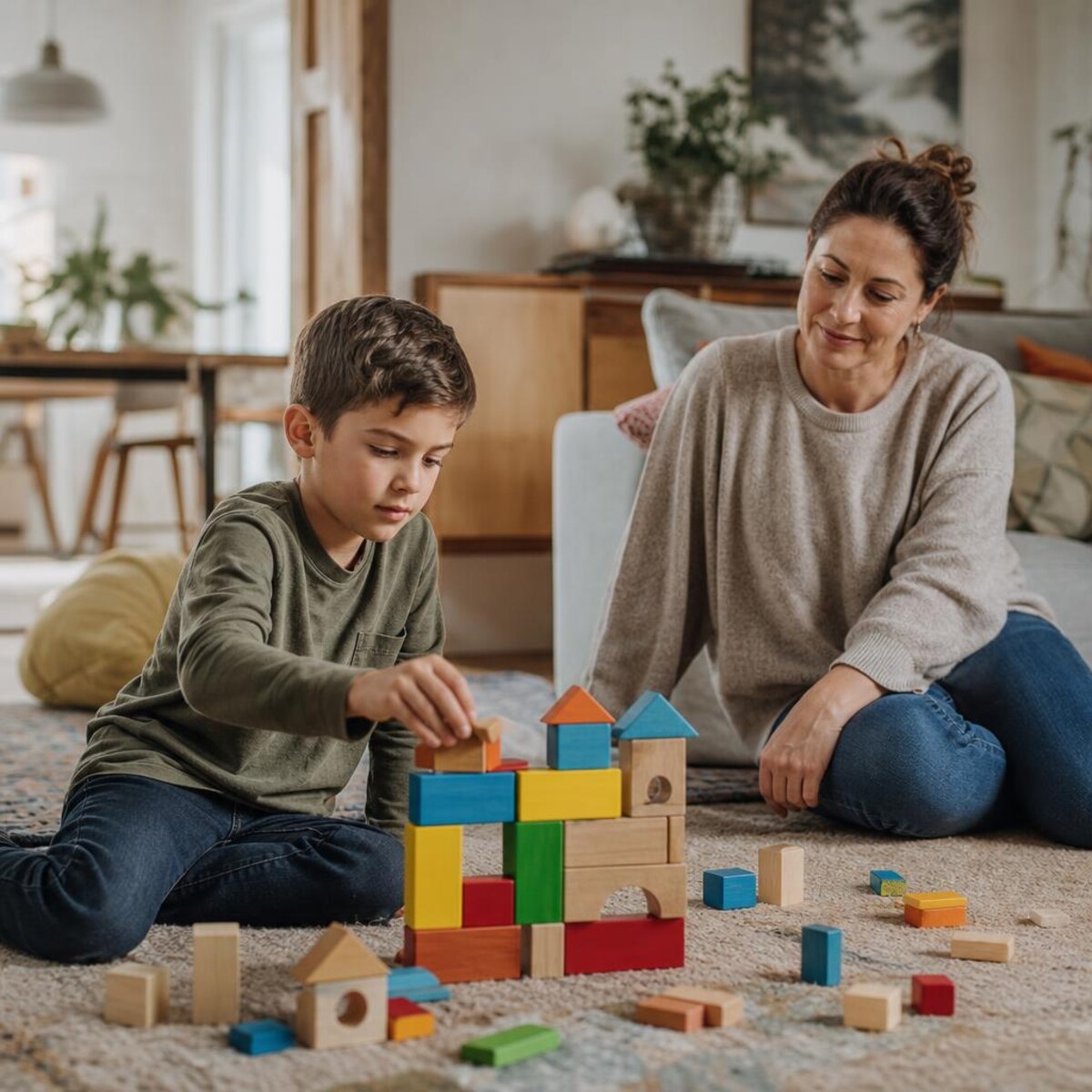 A child and parent building with colourful blocks together at home.