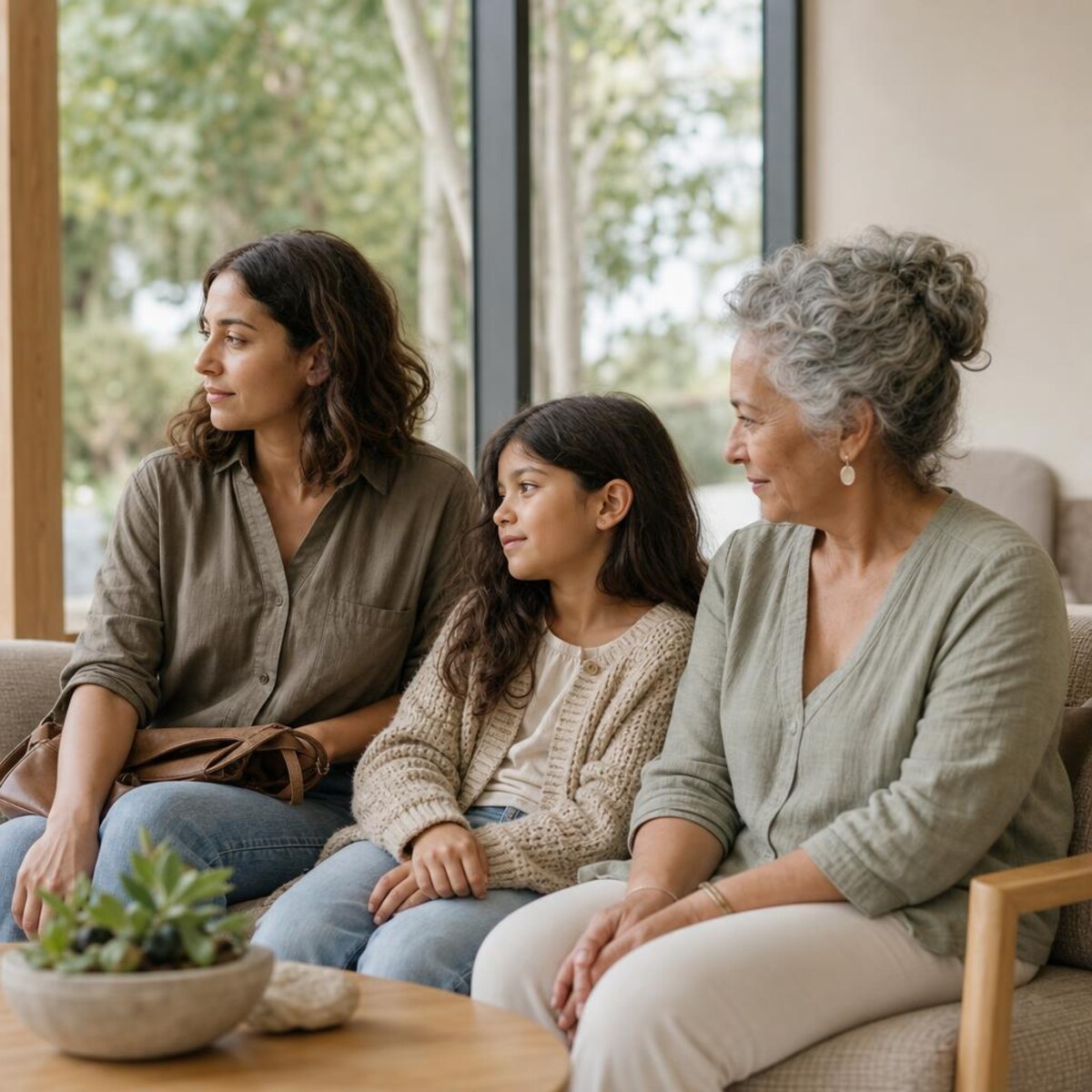 Three generations sitting together in a bright, welcoming room.